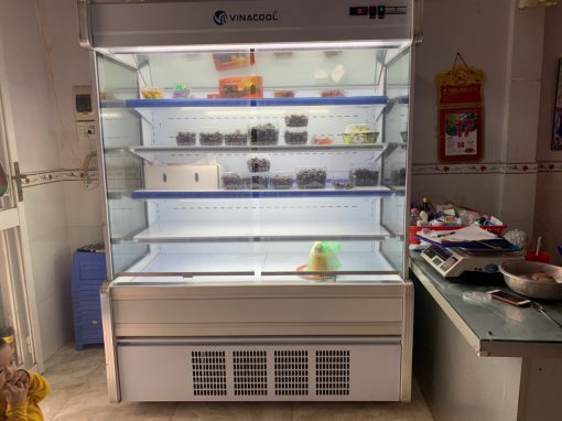 Tủ siêu thị Vinacool SLG-1500F, chiều dài 1m5, thiết kế mở, làm lạnh bằng quạt gió, phù hợp trưng bày thực phẩm trong minimart
